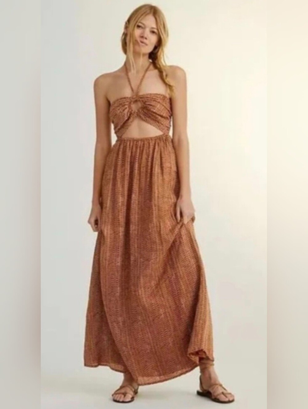 Faithfull the Brand Cutout Linen La Costa Halter Neck Midi Maxi Dress Size XL